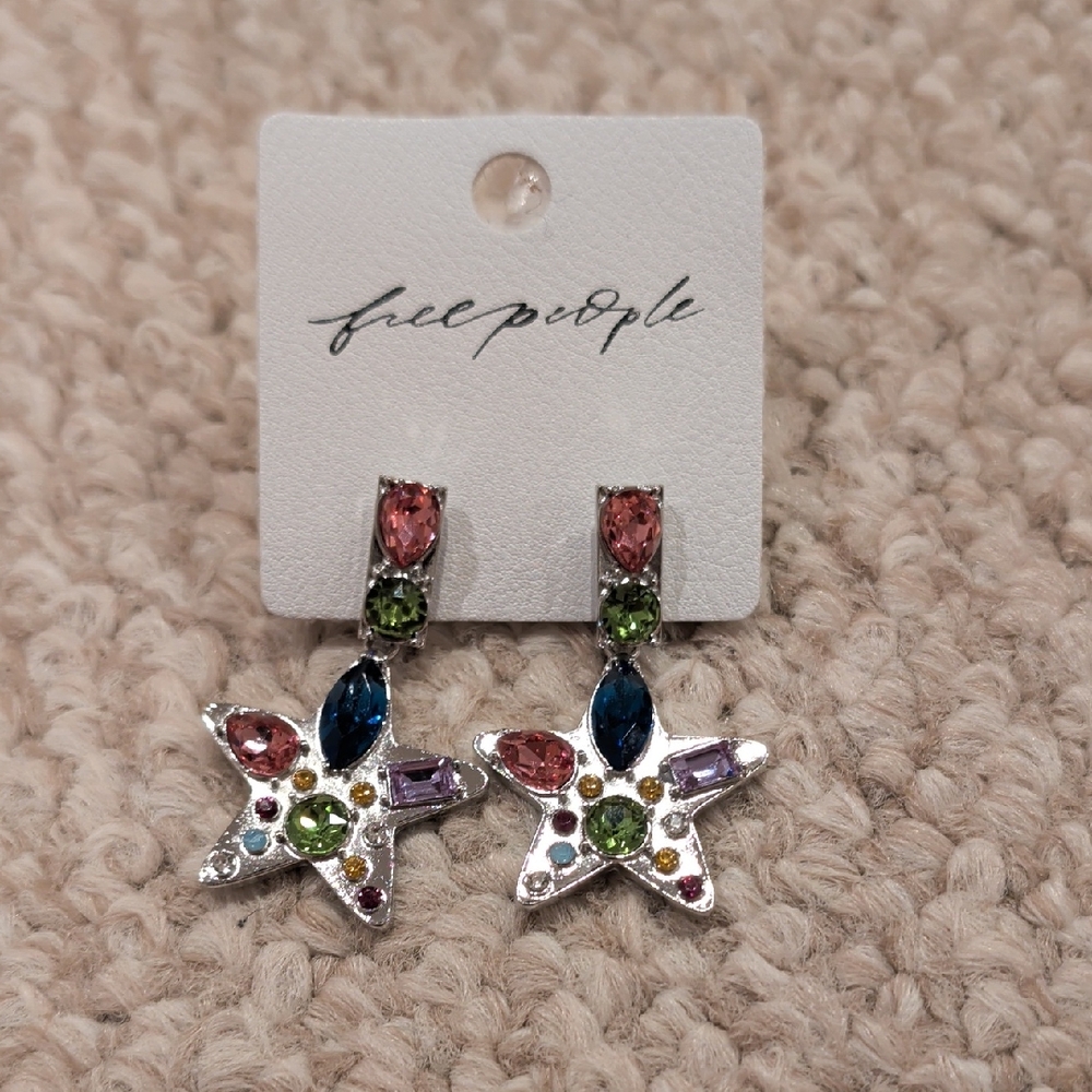 Free People NancyAnn Silver Multicolor Crystal Star Drop Earrings